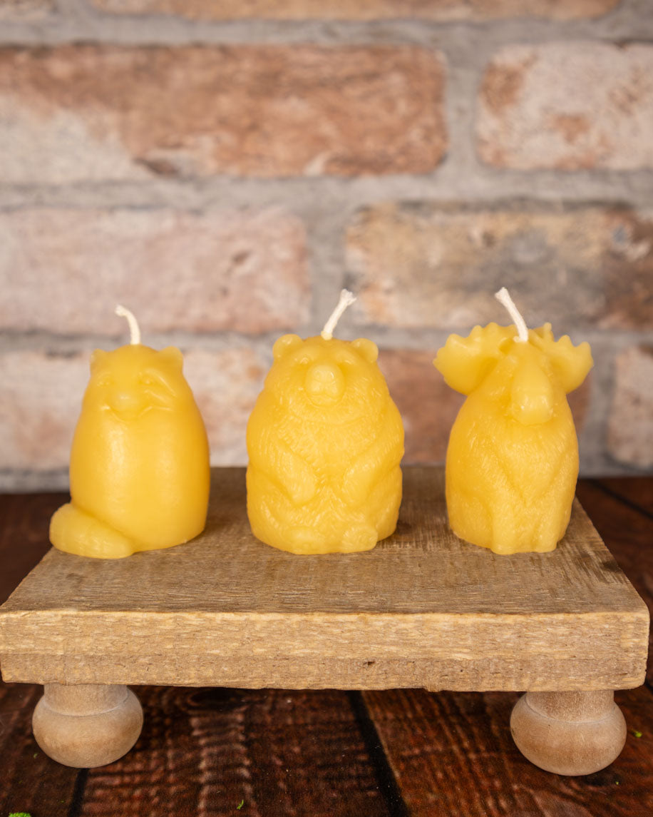 Woodland Animal Candle Set – Beeswax Bear, Moose & Raccoon Trio