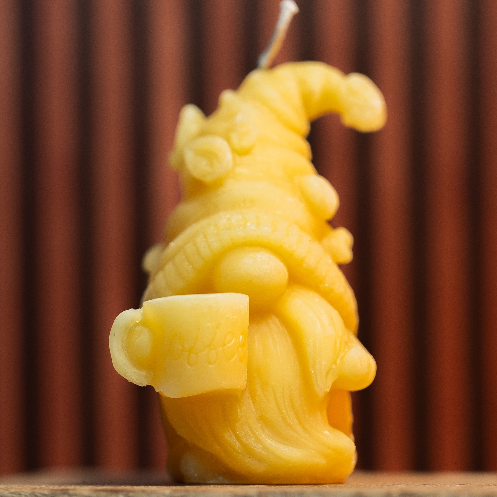 Side view of Coffee Gnome Candle Mold, flexible urethane rubber mold for beeswax or soy candle making.