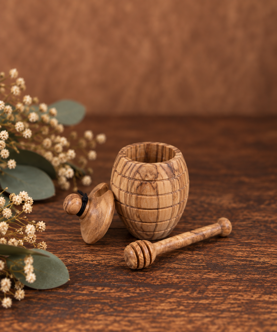 Olive Wood Honey Pot with Honey Dipper