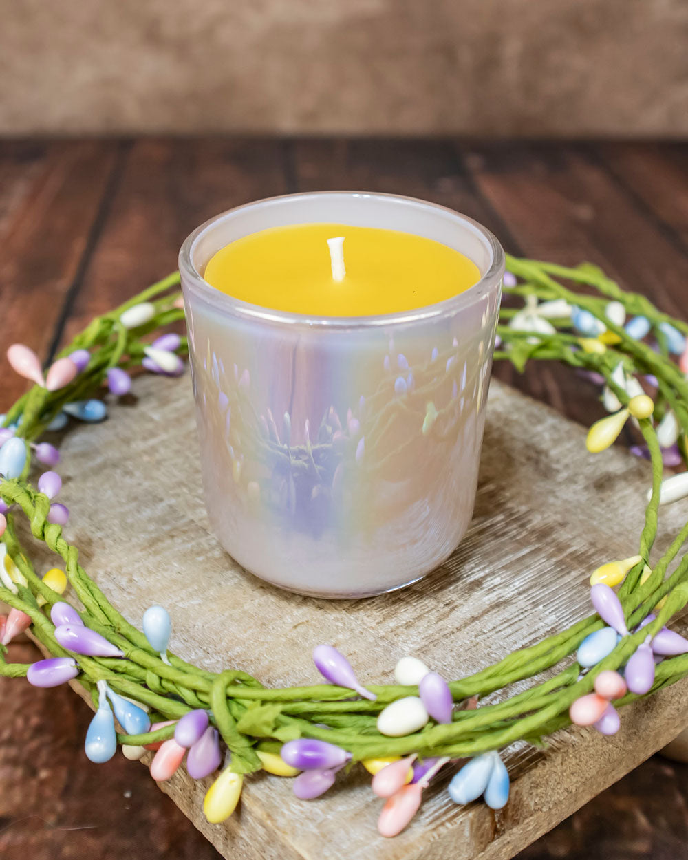 Iridescent Votive and Holder, Yellow Beeswax Votive