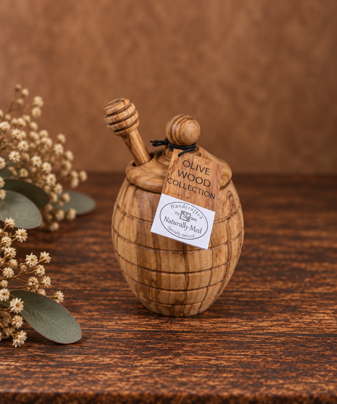 Olive Wood Honey Pot with Honey Dipper